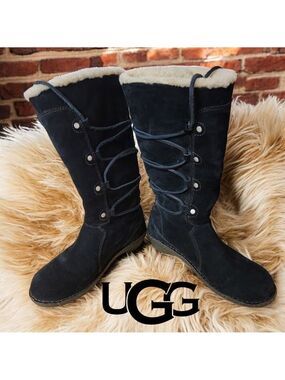 UGG SURFCAT 5158 Size 7 Leather Sheepskin Black Mid-Calf Lace Up Snow Boots